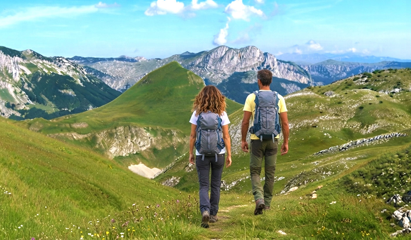 Muškarac i žena obučeni u BB outdoor odjeću planinare Zelengorom i uživaju u predivnoj planinskoj panorami koja se pruža ispred njih.